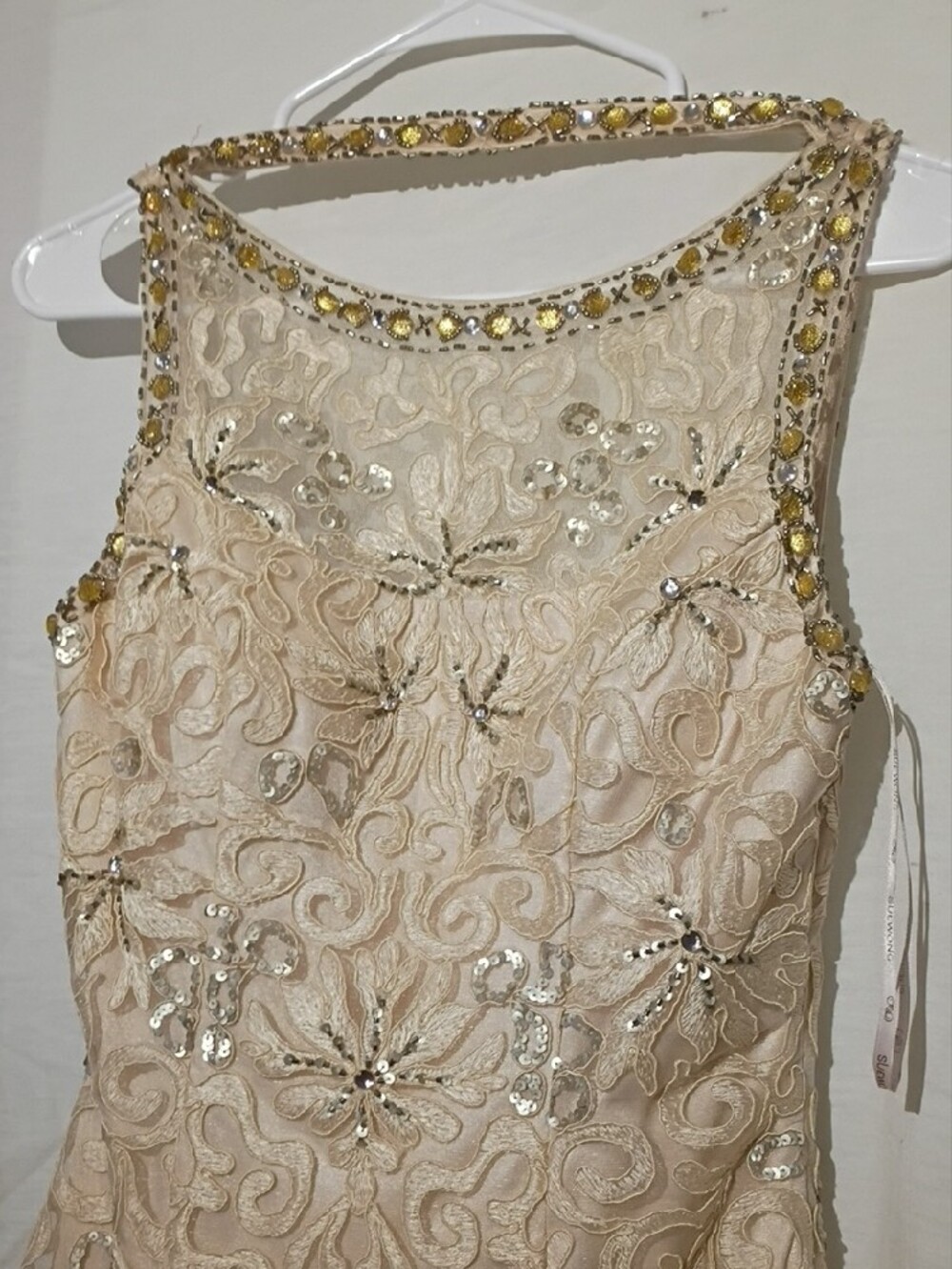 Sue Wong Ivory Lace Beaded Illusion Neck Midi Dress, Silver Sequins, Open Back - Picture 2 of 16